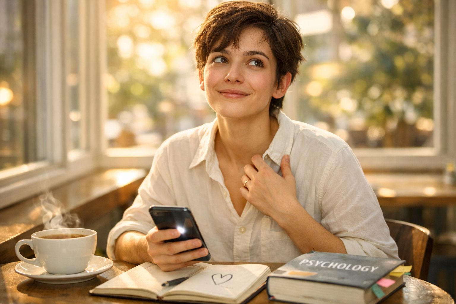 Jovem a sorrir, segurando um telemóvel, sentada numa mesa com café, livros e caderno num ambiente iluminado.