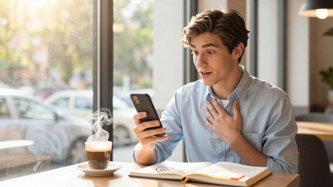 Homem surpreendido lê mensagem no telemóvel sentado à mesa de café com livro aberto e chá quente.