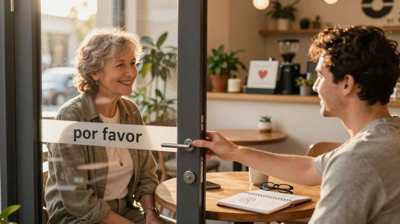 Mulher sorridente aguarda a porta ser aberta por homem num café com ambiente acolhedor.