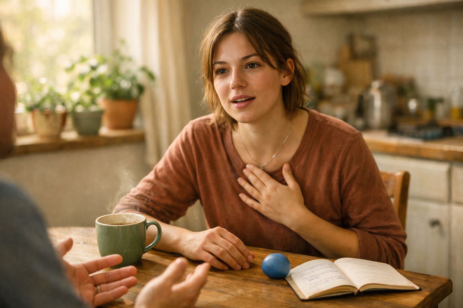 Mulher expressiva conversa sentada à mesa com chá quente e livro aberto numa cozinha iluminada.