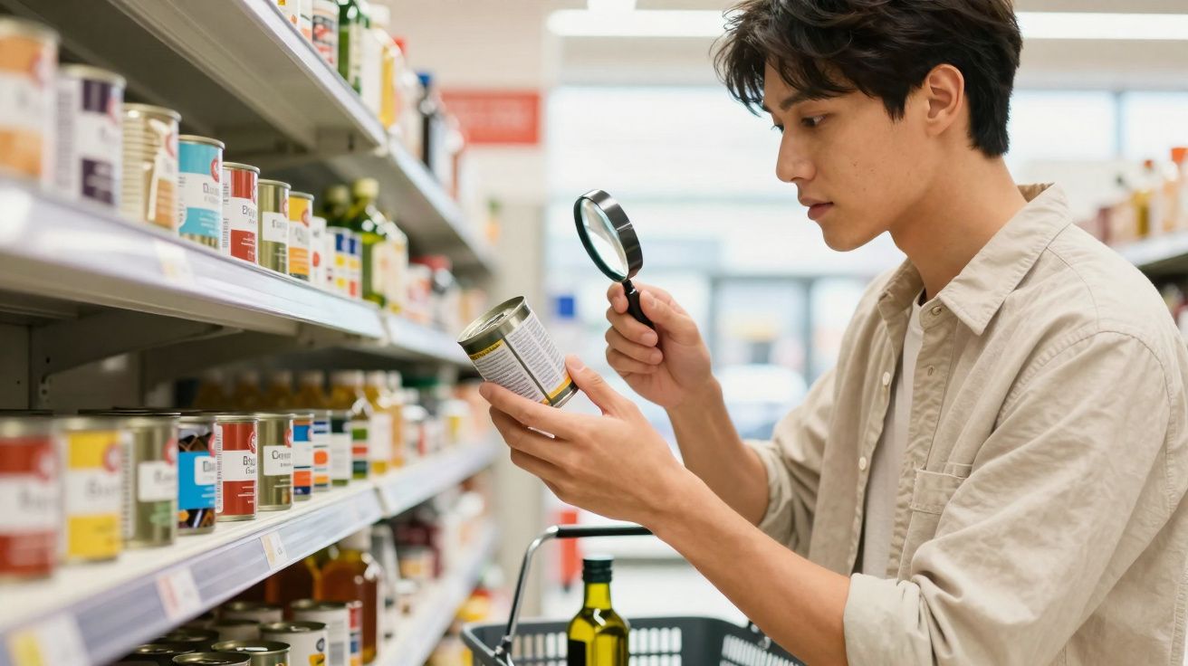 Homem utiliza lupa para ler informações num conteúdo enlatado numa prateleira de supermercado.