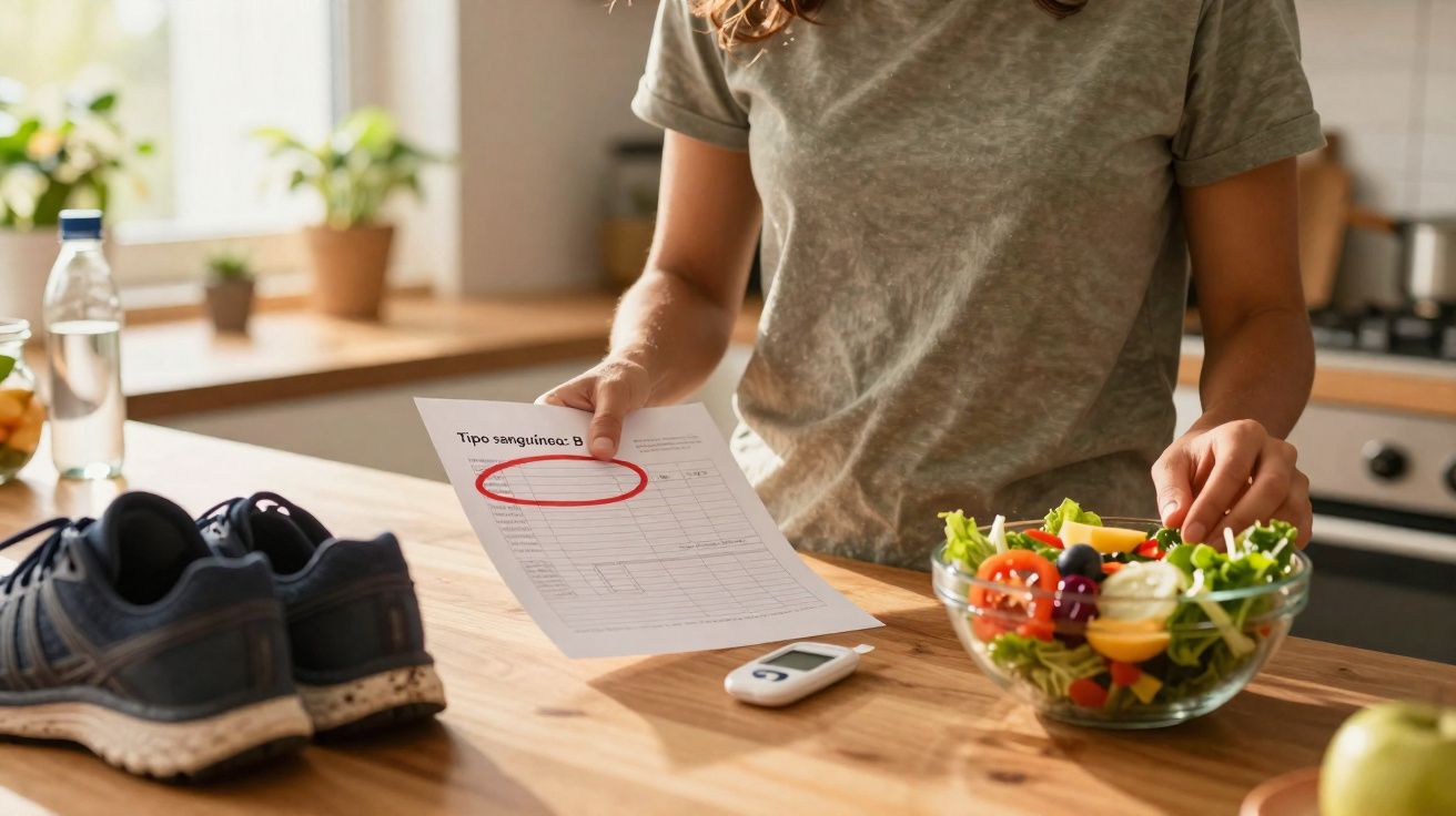 Pessoa na cozinha com documentos, medidor de glicose, sapatilhas e salada fresca sobre a bancada de madeira.