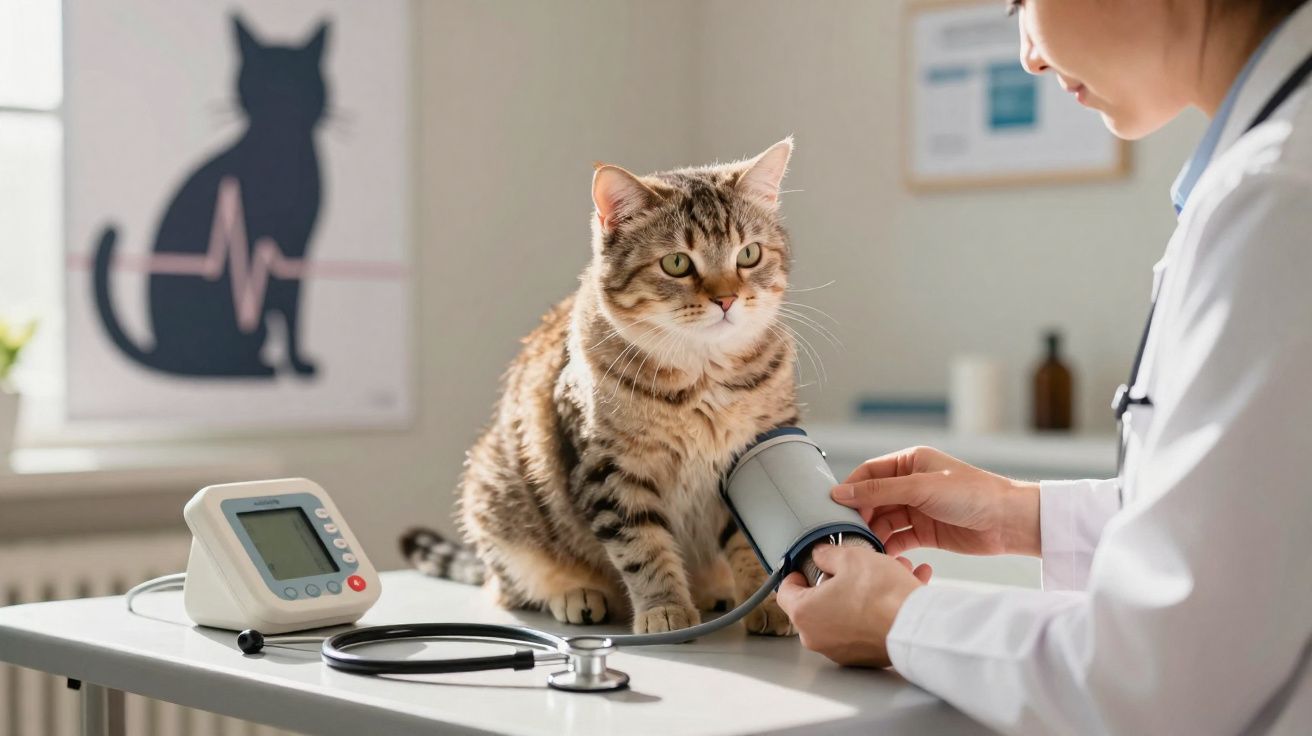 Gato cinzento com riscas sentado numa mesa enquanto veterinária mede a sua pressão arterial.