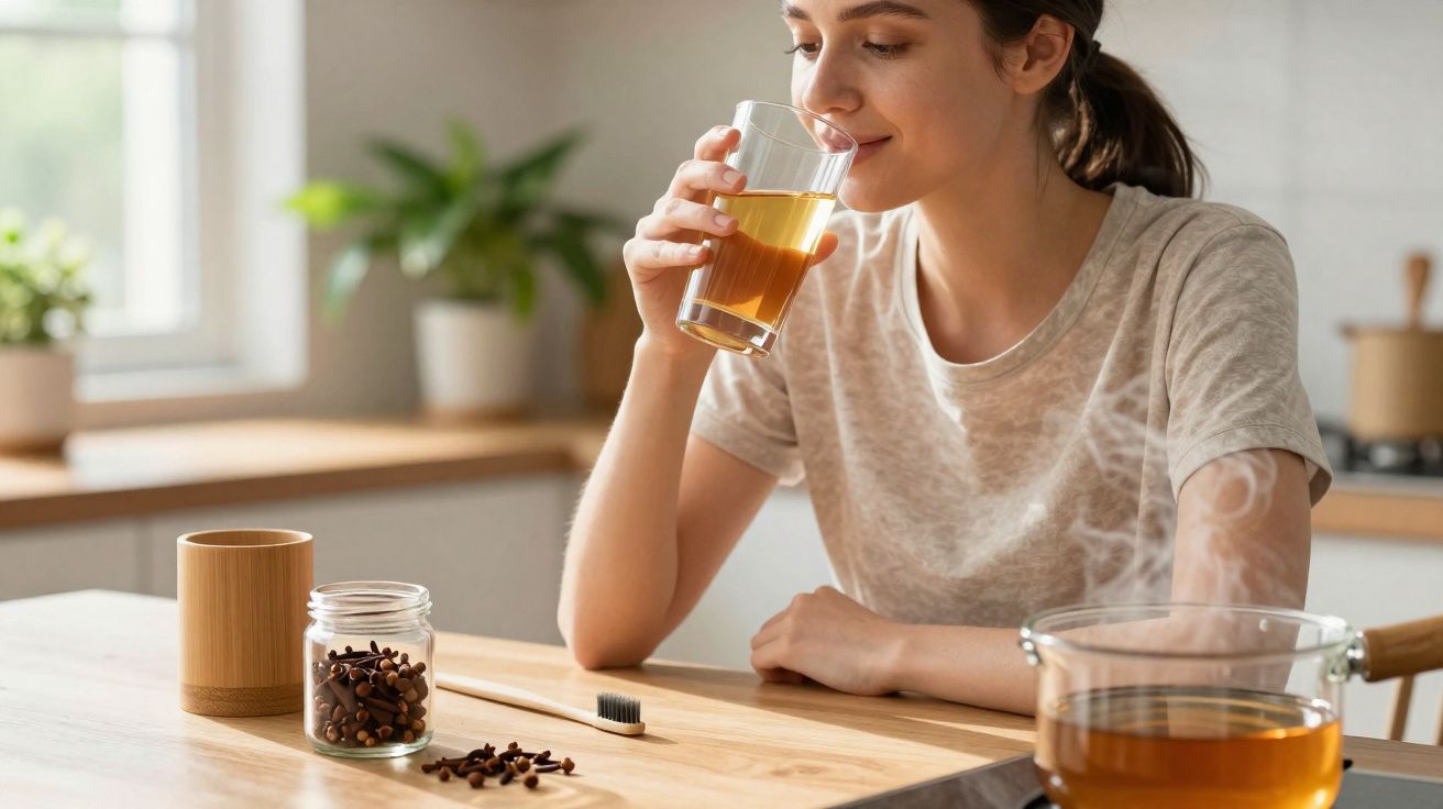 Mulher sentada à mesa a beber chá quente numa cozinha luminosa e decorada com plantas.