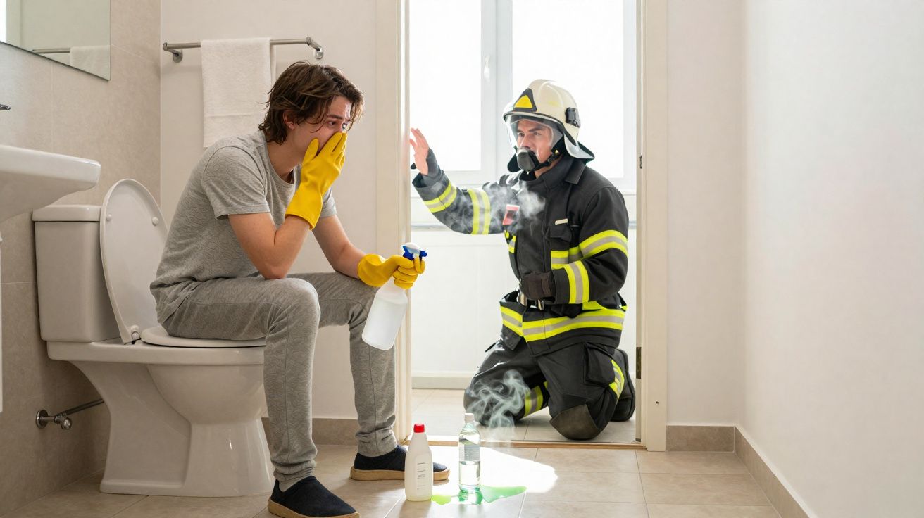 Homem de luvas amarelas sentado na sanita com spray enquanto bombeiro de máscara elimina fumos no chão de casa de banho.