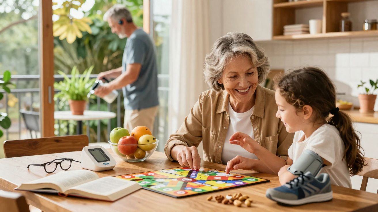 Avó e neta jogam jogo de tabuleiro na mesa da cozinha enquanto homem prepara bebida ao fundo.