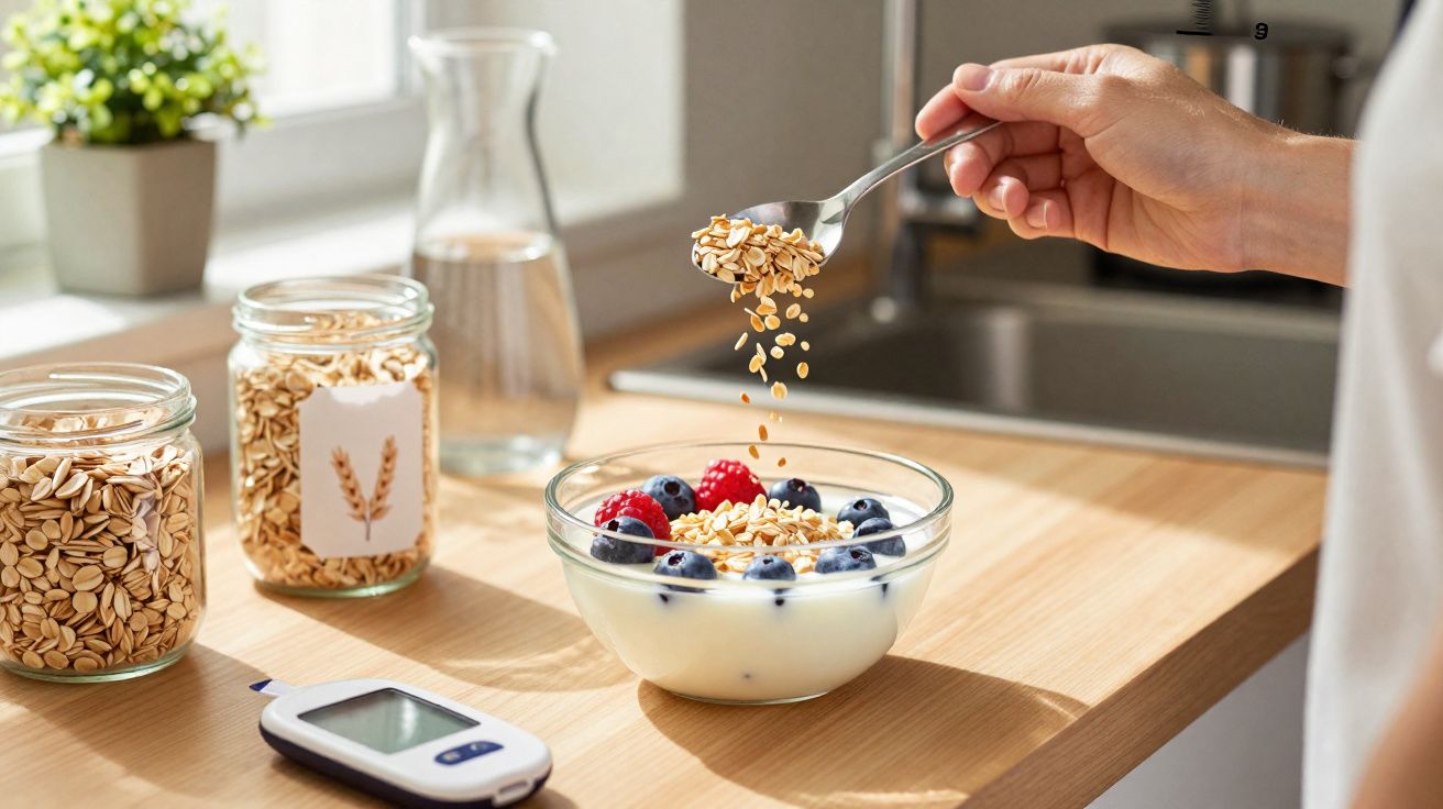Mão a colocar aveia num iogurte com frutos vermelhos sobre bancada de cozinha iluminada.