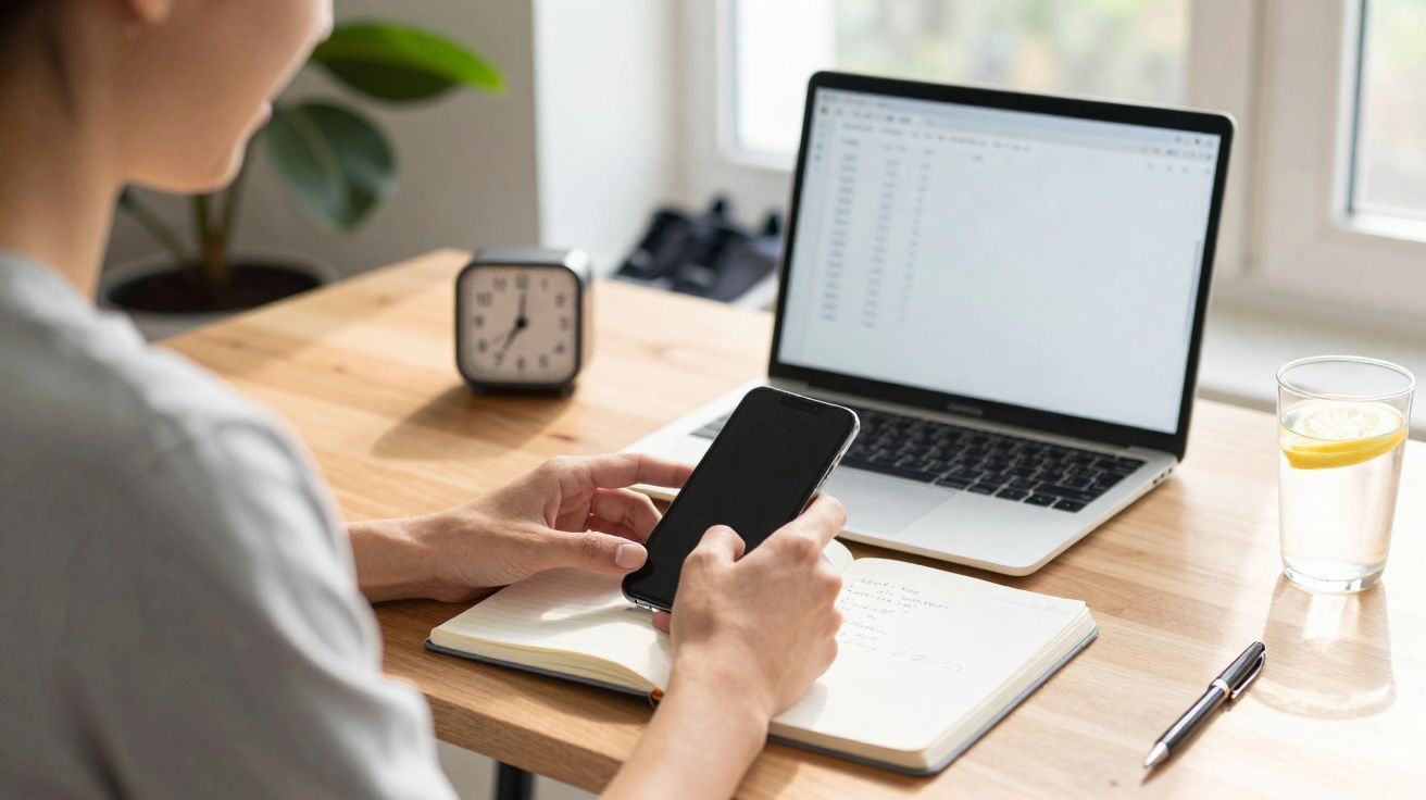Pessoa a usar telemóvel sentada à secretária com computador portátil, caderno, caneta, relógio e copo de água com limão.