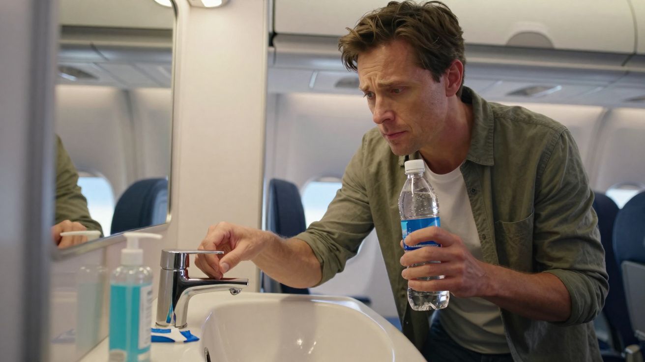 Homem dentro de avião a ligar torneira numa casa de banho, segurando uma garrafa de água.