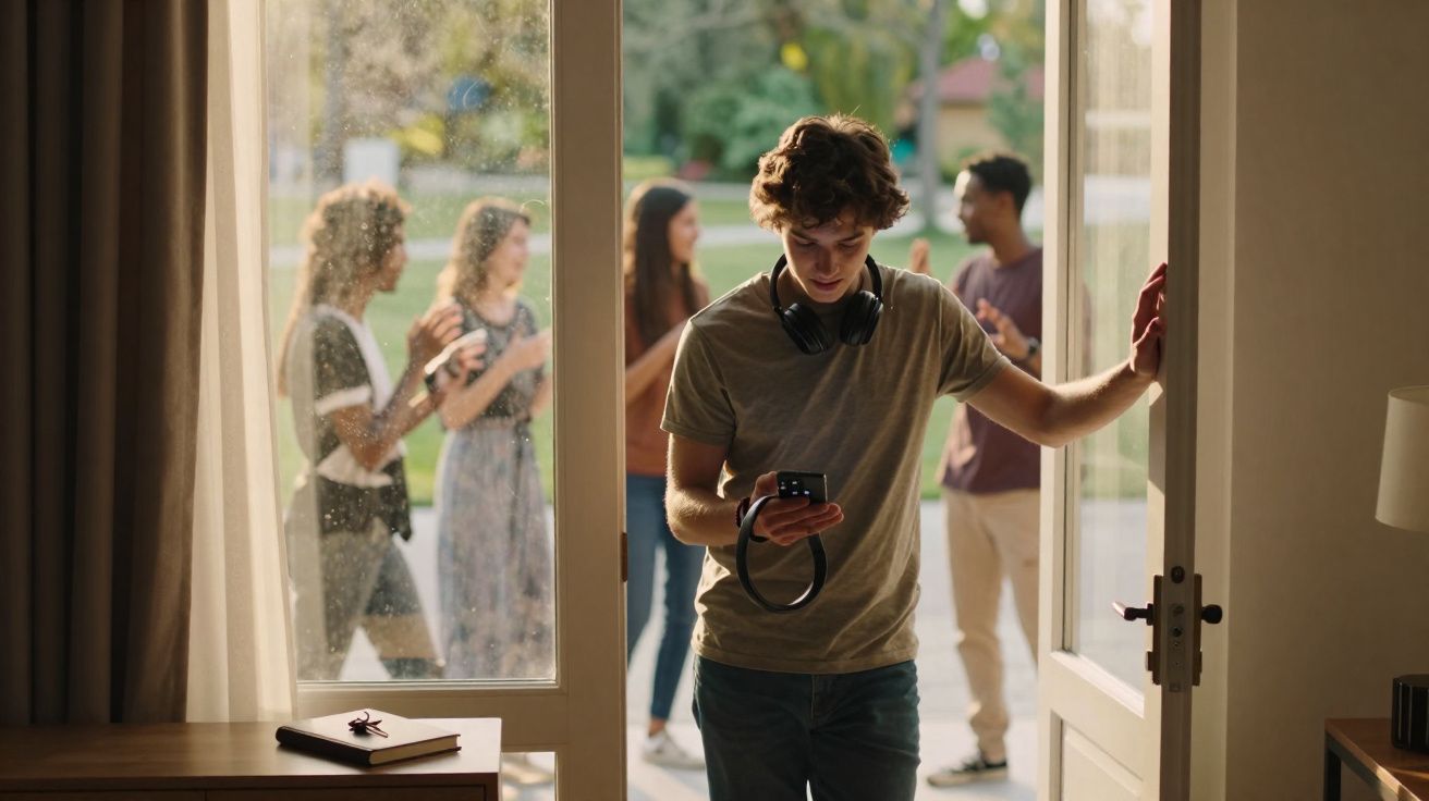 Jovem com auscultadores no pescoço olha para o telemóvel, em porta aberta, com grupo a conversar ao fundo.