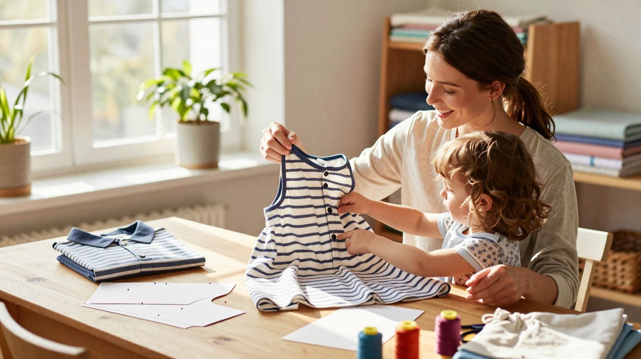 Mulher e criança a segurarem um vestido listrado numa mesa com tecidos e linhas de costura.