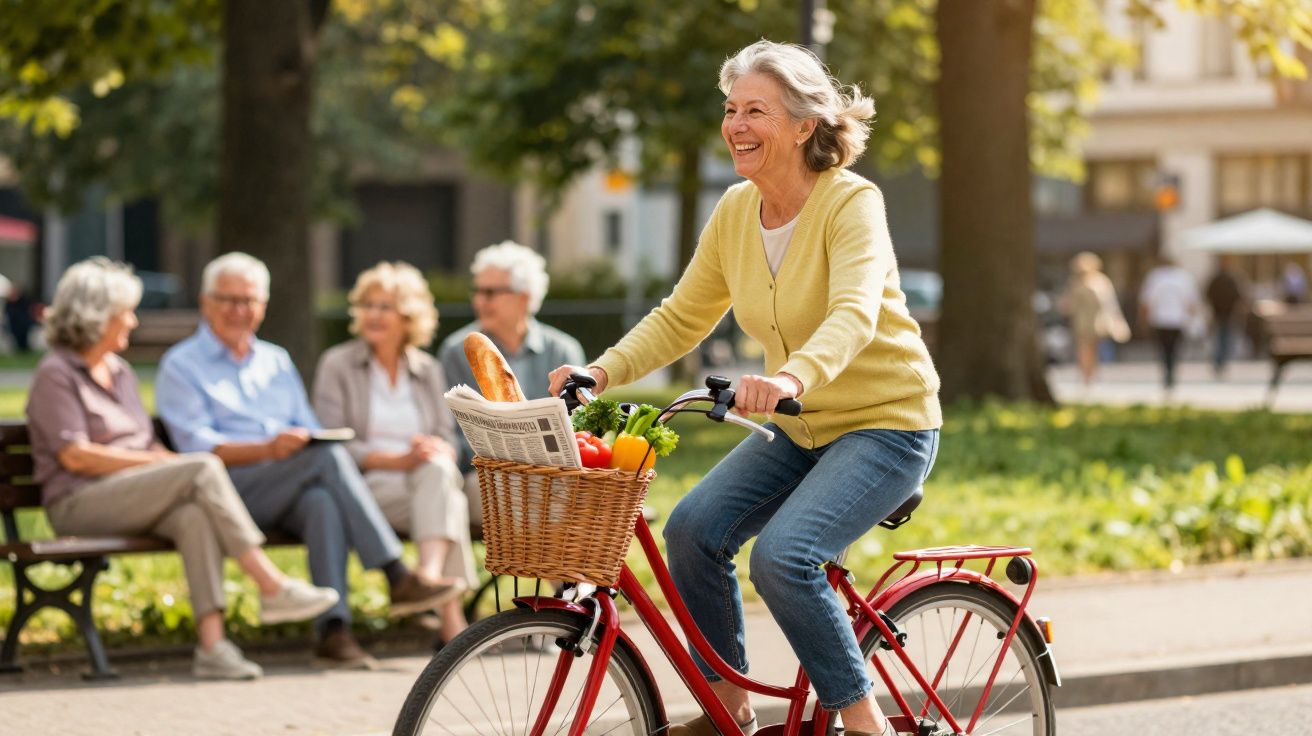Mulher idosa feliz a andar de bicicleta num parque com cesto cheio de legumes e pão, grupo de pessoas ao fundo.