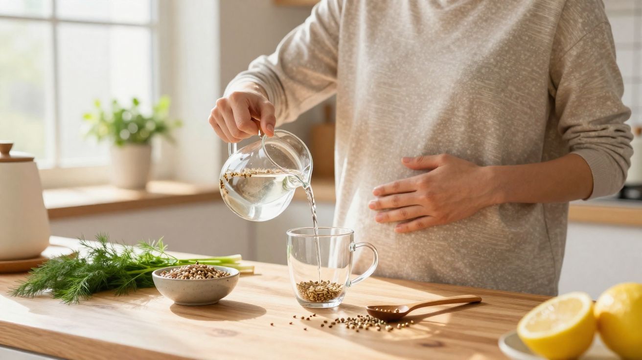 Pessoa a preparar chá de sementes numa cozinha luminosa com limões e ervas na bancada.