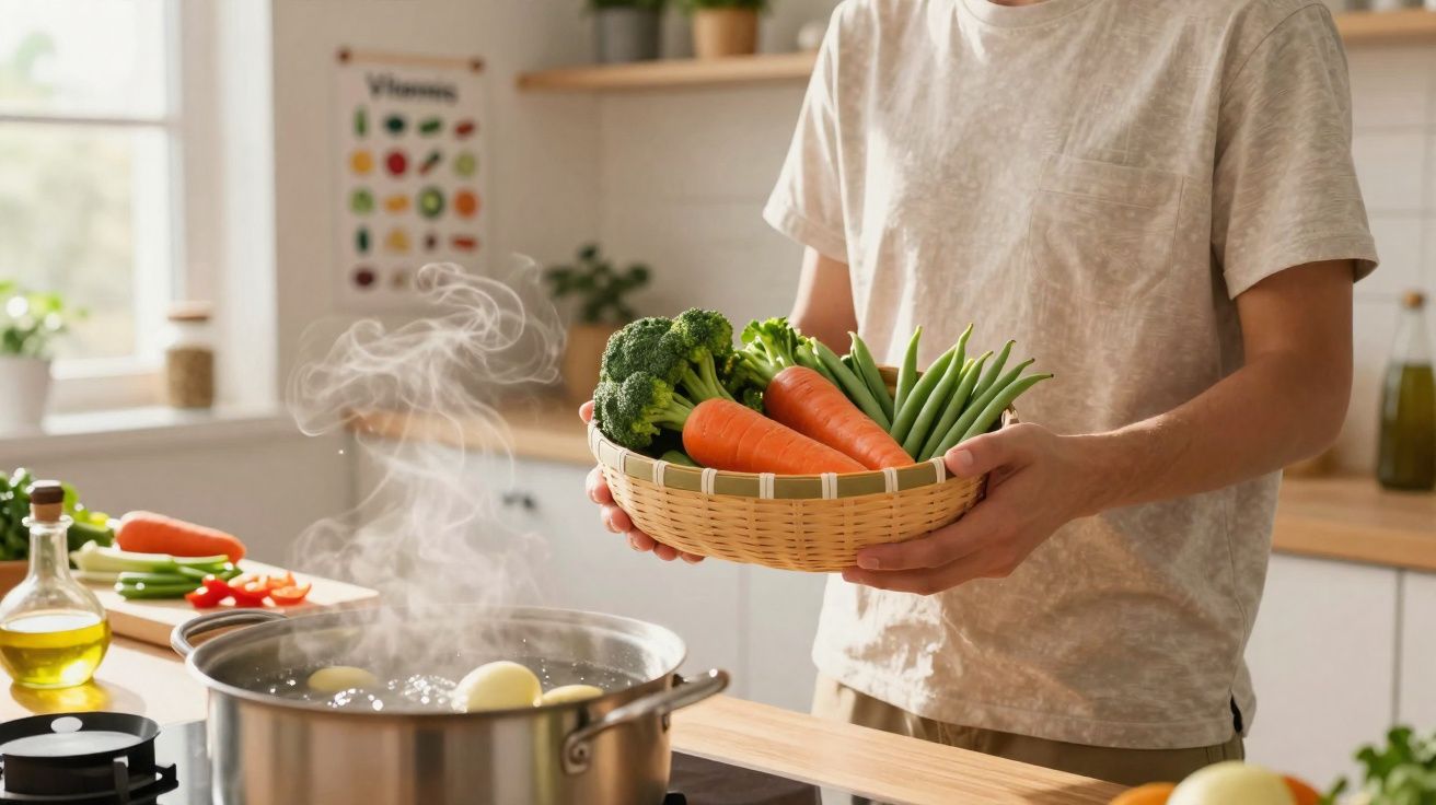 Pessoa a segurar uma cesta com legumes frescos ao lado de um tacho com legumes a cozer na cozinha.