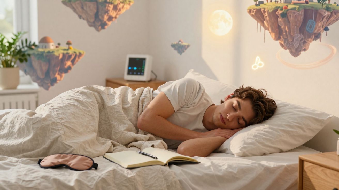 Homem jovem a dormir numa cama branca com ilustrações flutuantes de ilhas e lua na parede atrás.