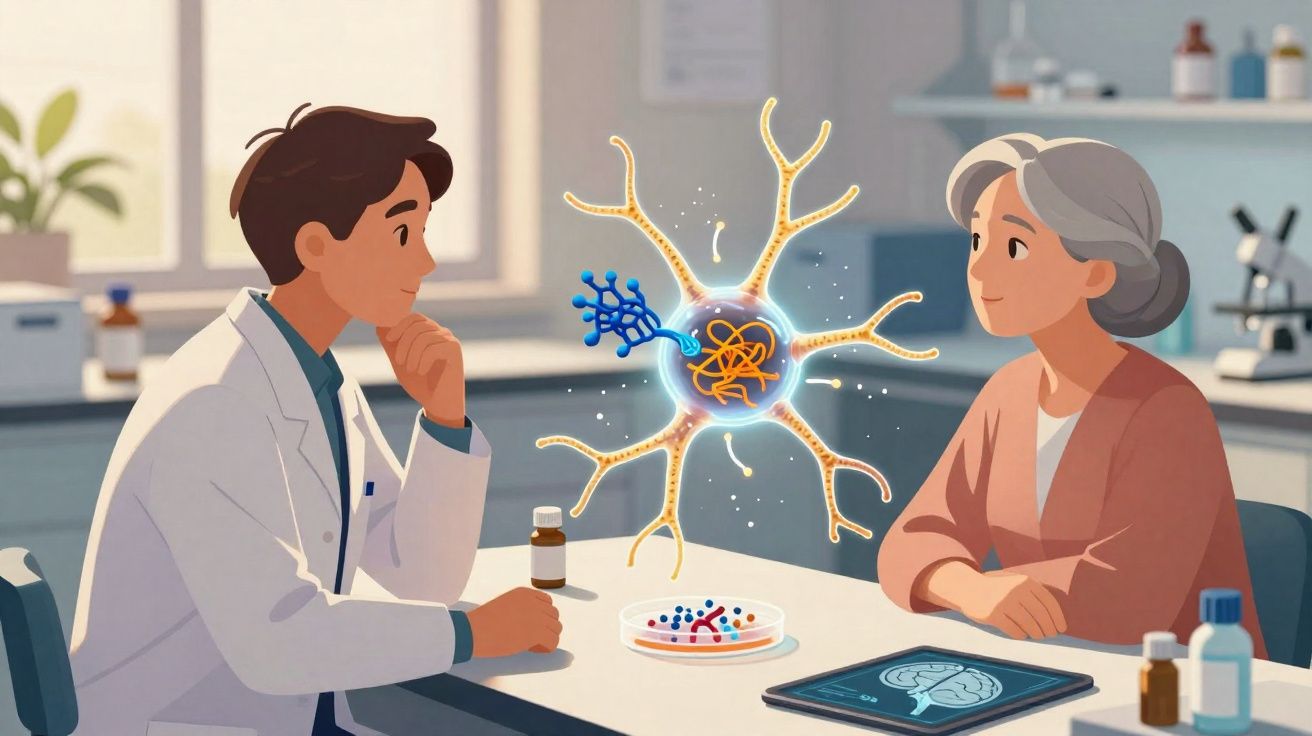 Médico e idosa conversam em consultório com representação digital de neurónio entre eles.