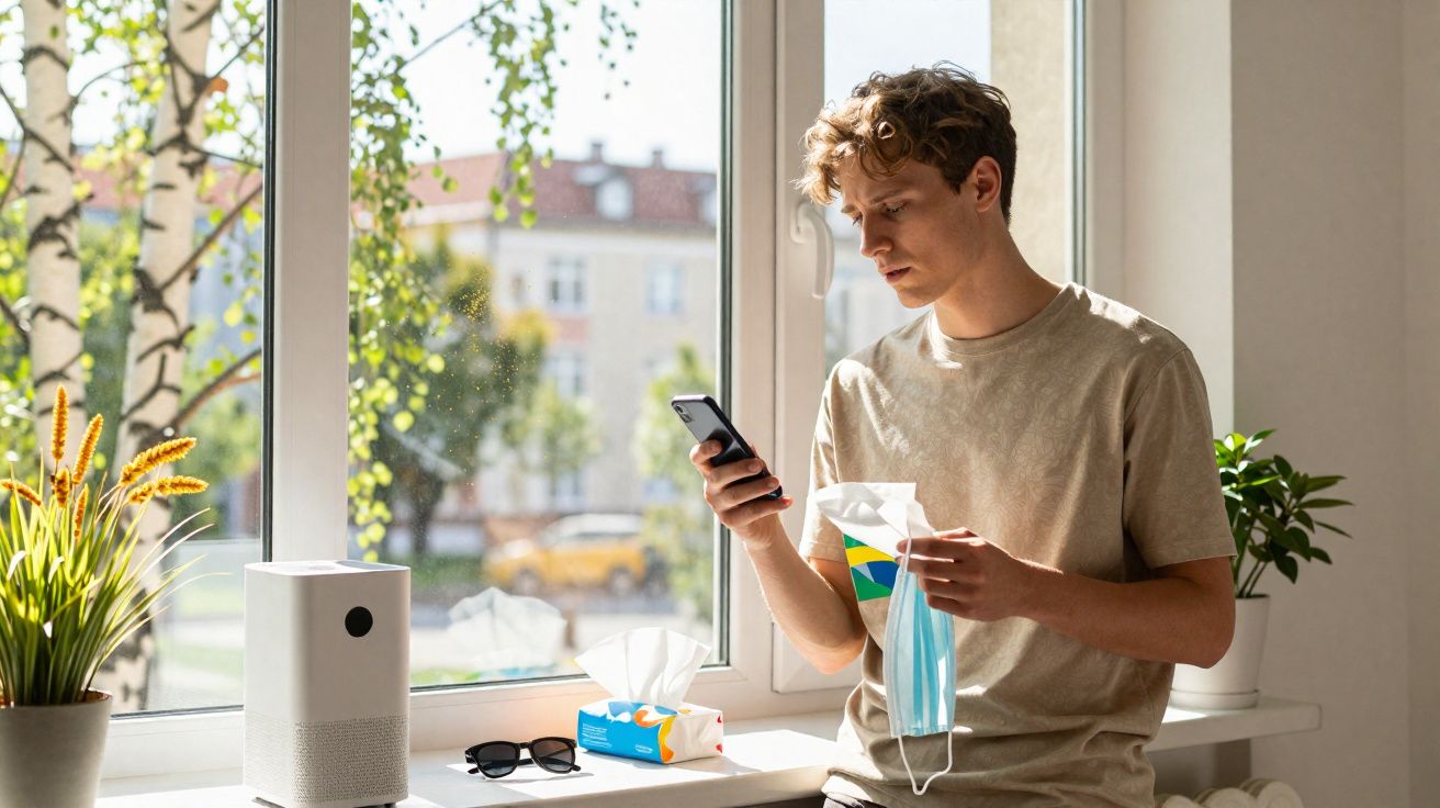 Jovem sentado junto a uma janela com máscara, telemóvel, caixa de lenços e purificador de ar ao lado.