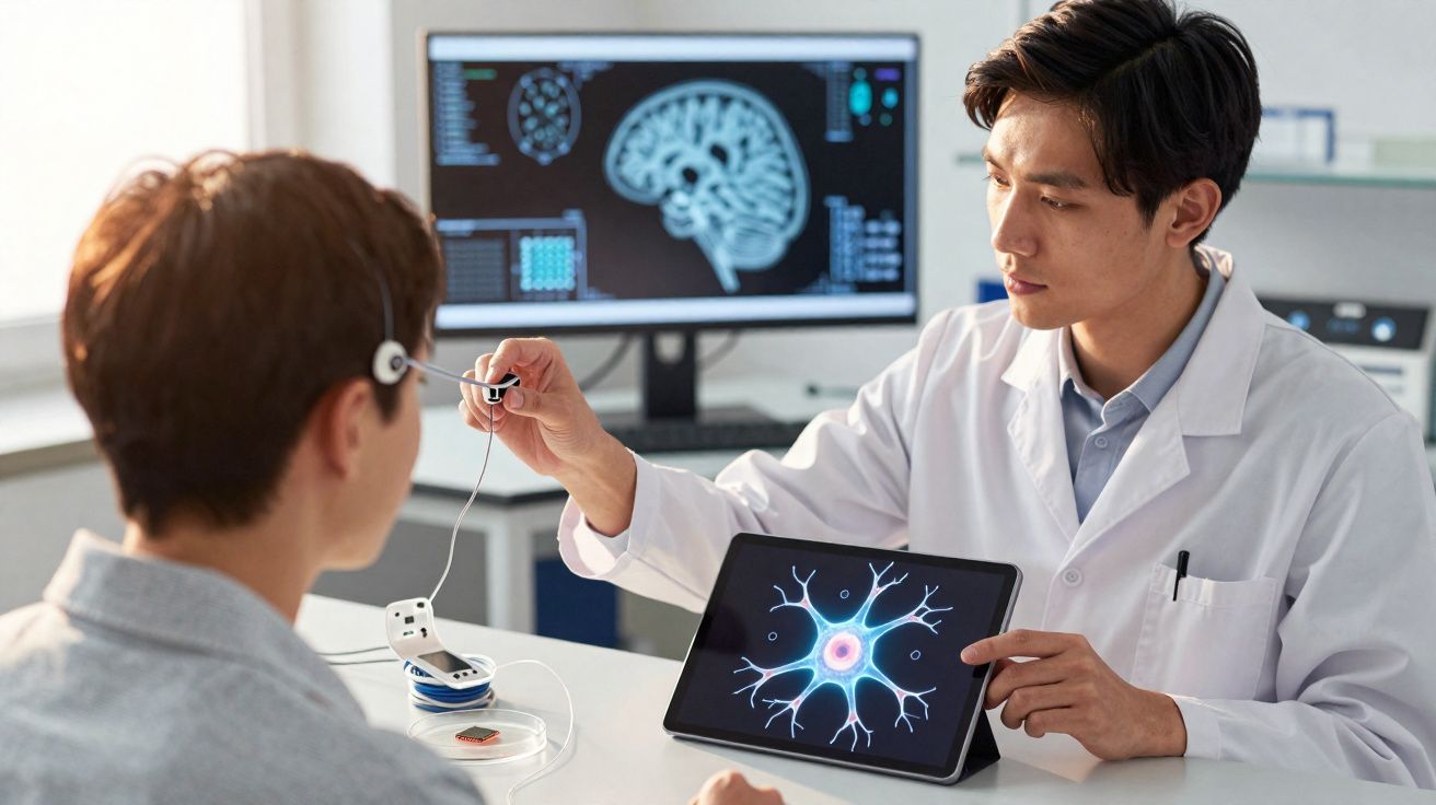 Médico mostra imagem de neurónio num tablet enquanto ajusta eletrodo na cabeça do paciente numa consulta neurológica.