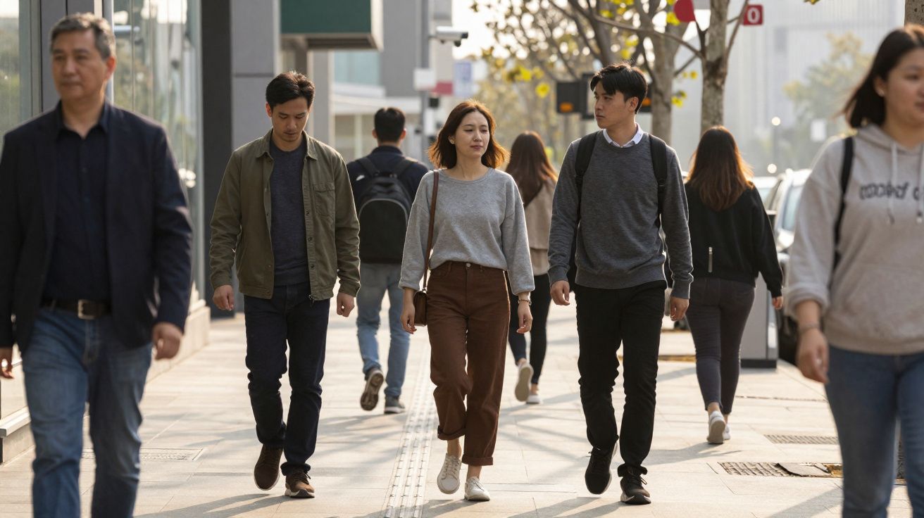 Pessoas a caminhar numa calçada de cidade durante o dia, algumas conversando e outras concentradas.
