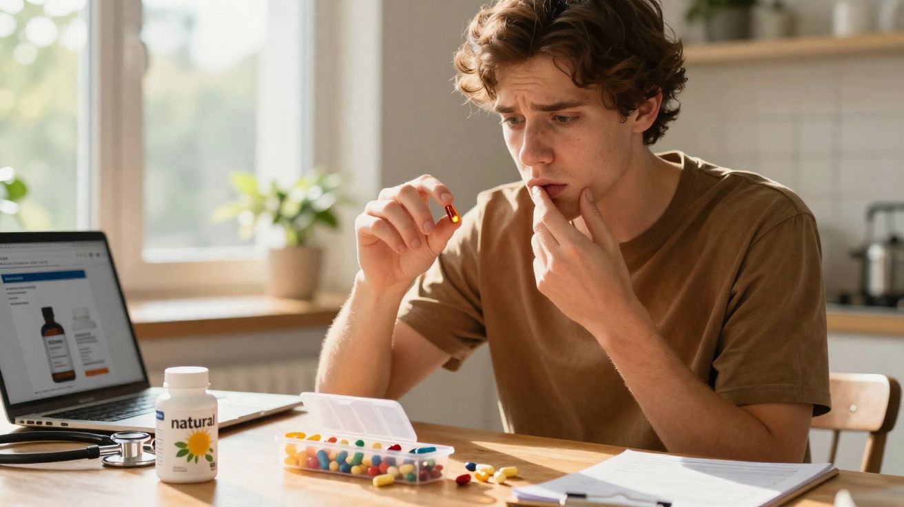 Jovem preocupado examina cápsula antes de tomar medicação, rodeado de medicamentos e laptop numa cozinha.