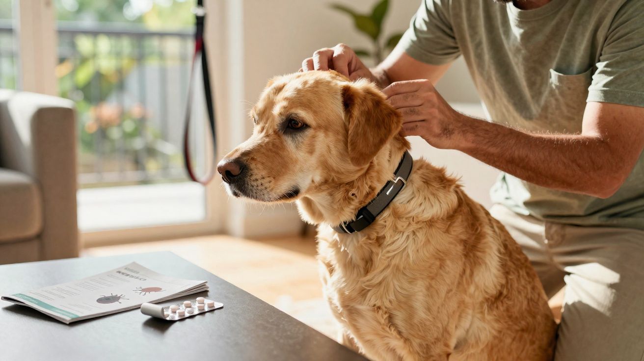 Cão Labrador sentado enquanto dono aplica coleira antiparasitária num ambiente doméstico iluminado.