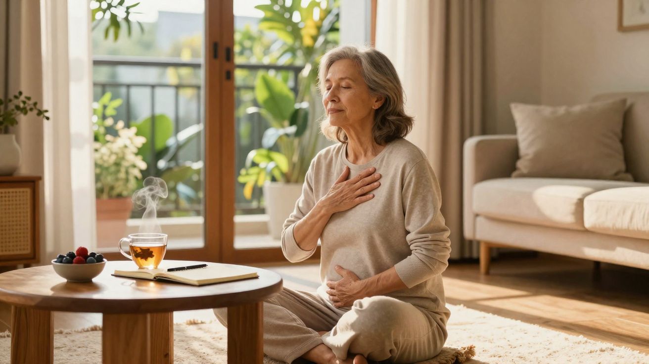 Mulher idosa sentada em pose de meditação junto à mesa com chá e fruta num ambiente luminoso e acolhedor.