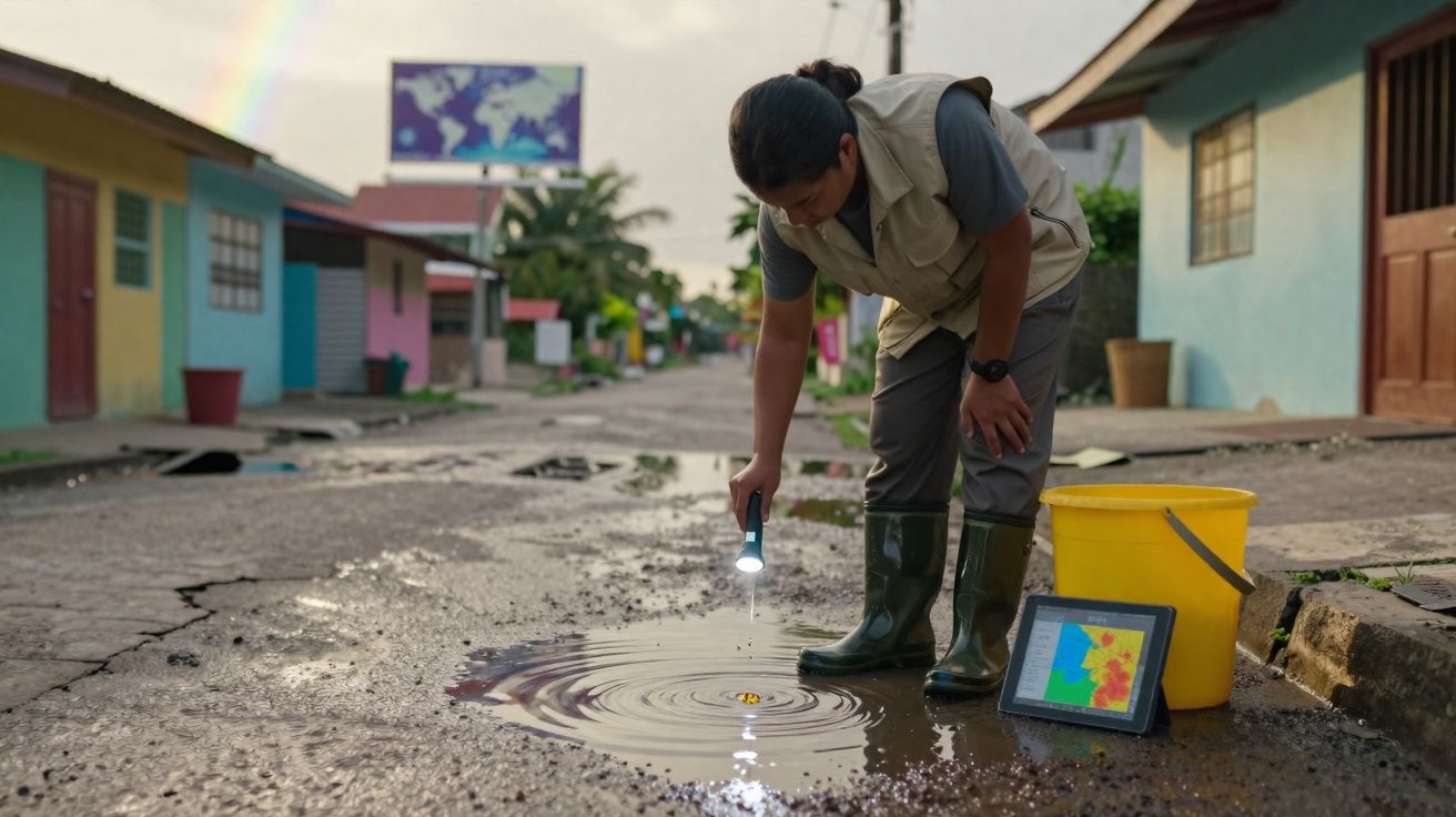 Pessoa com botas e colete observa poça de água com lanterna numa rua, com tablet e balde amarelo ao lado.