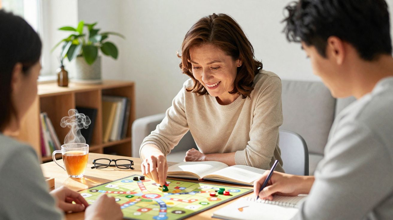 Três pessoas a jogar um jogo de tabuleiro numa mesa com chá quente e livros ao redor, ambiente descontraído.