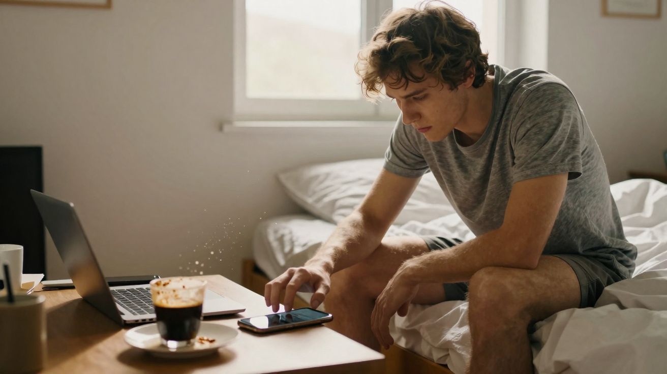 Jovem sentado na cama a usar telemóvel, com computador portátil e café na mesa ao lado.
