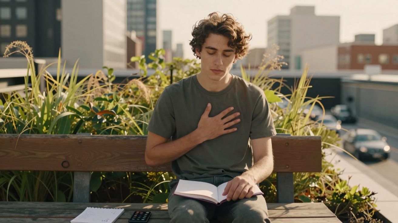 Jovem sentado num banco ao ar livre com mão no peito, olhos fechados, segurando um livro aberto.
