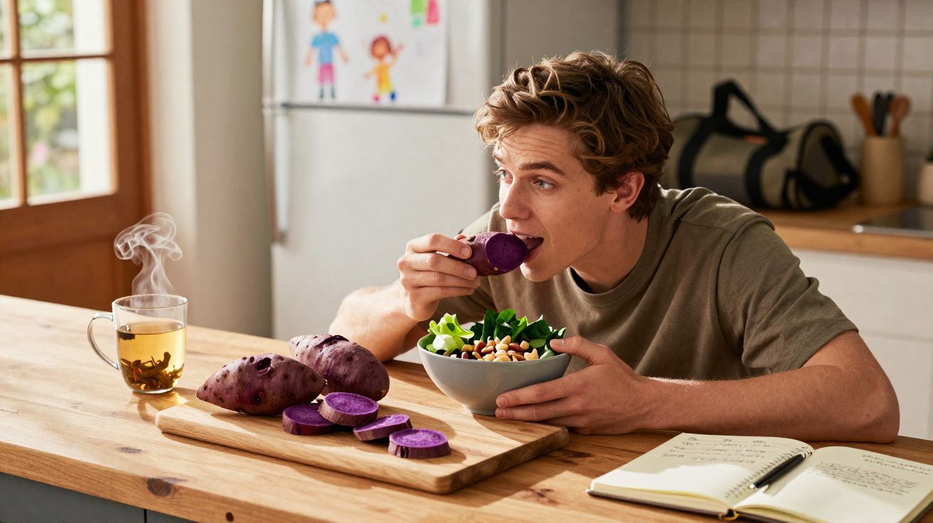 Jovem sentado à mesa a comer batata-doce roxa e salada com chá a vapor ao lado, numa cozinha iluminada.