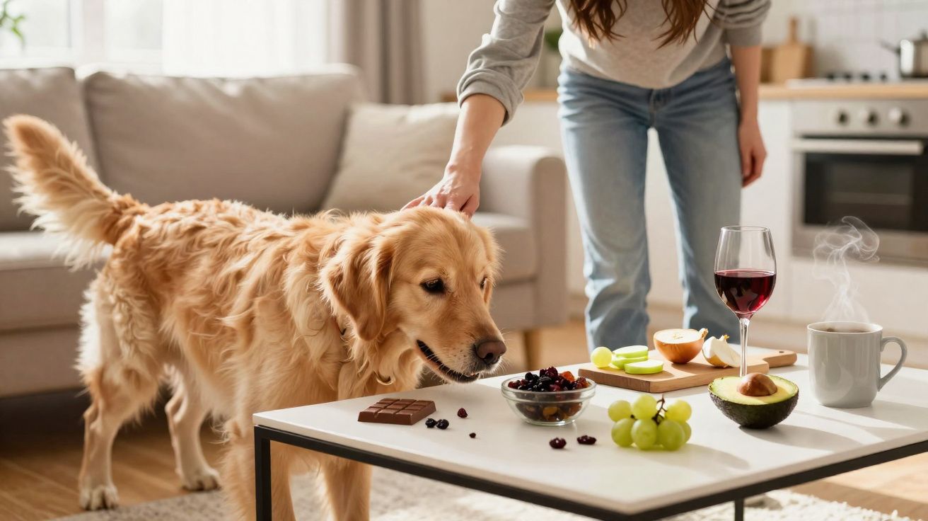 Cão dourado perto de mesa com frutas, chocolate, copo de vinho e bebida quente, enquanto pessoa o acaricia.