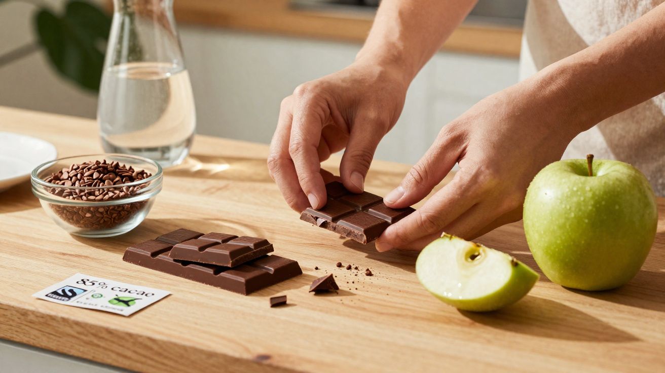 Mãos partidas pedaços de chocolate negro junto a maçã verde e sementes de cacau numa bancada de cozinha.