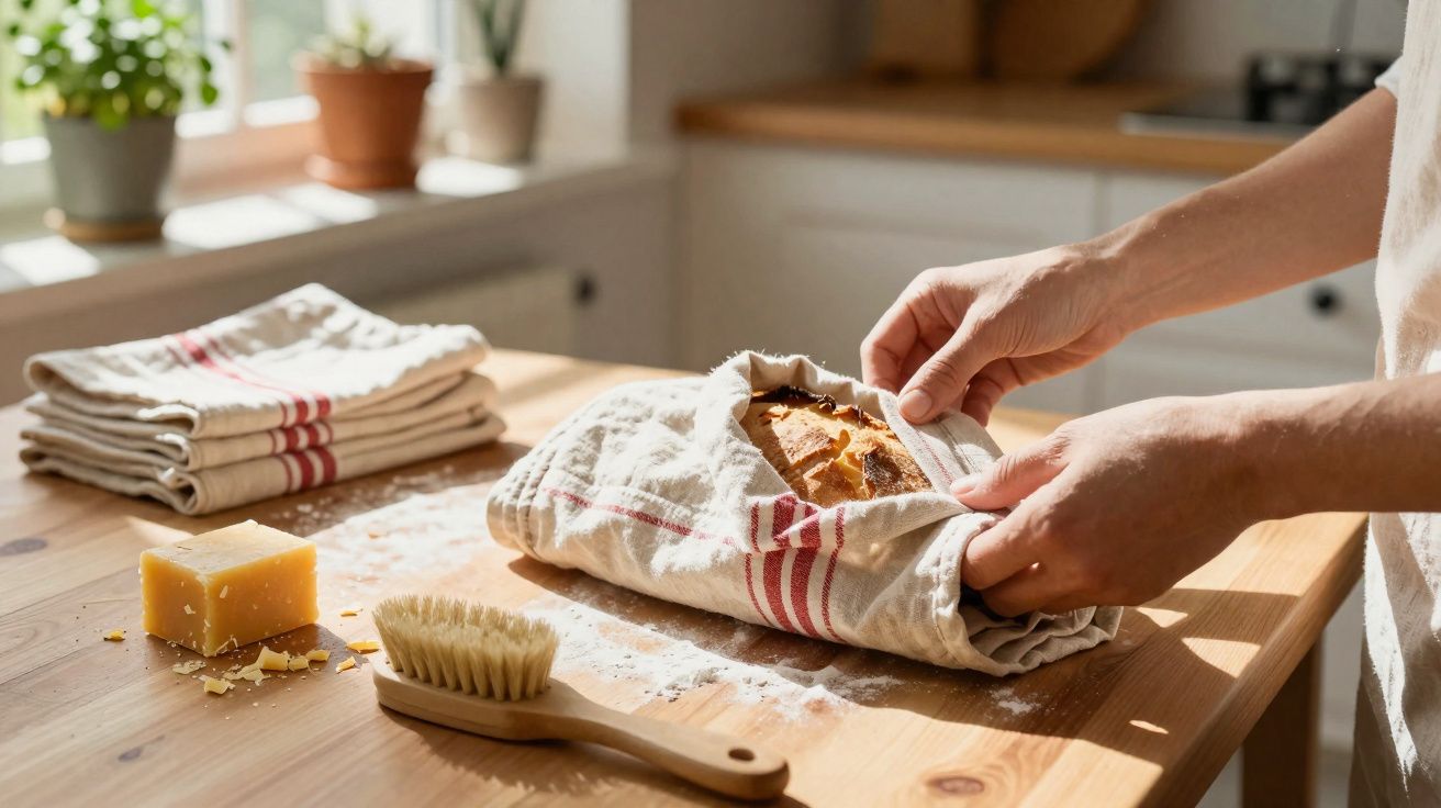 Mãos a embrulhar pão caseiro num pano na cozinha com bloco de queijo e escova sobre mesa de madeira.