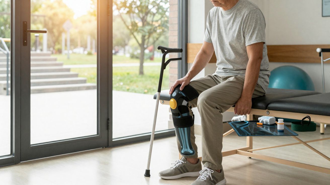 Homem sentado com órtese na perna e bengala, dentro de clínica de fisioterapia com luz natural.