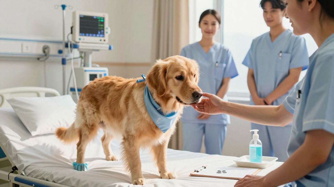 Cão terapeuta a interagir com enfermeiros num hospital, ao lado de cama e equipamento médico.