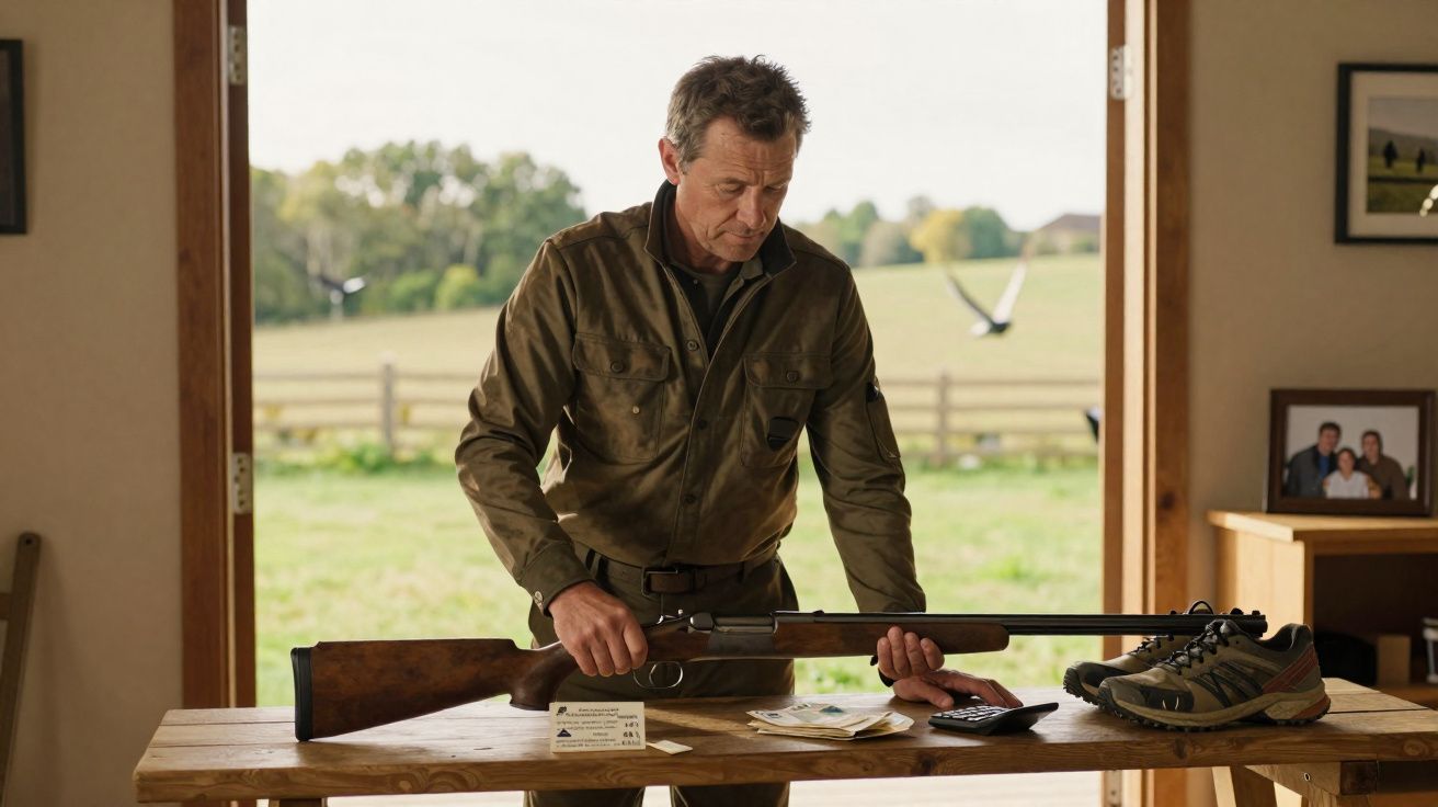 Homem com roupa de caça segura espingarda junto a mesa com ténis, documentos e calculadora, em espaço rústico com vista campe