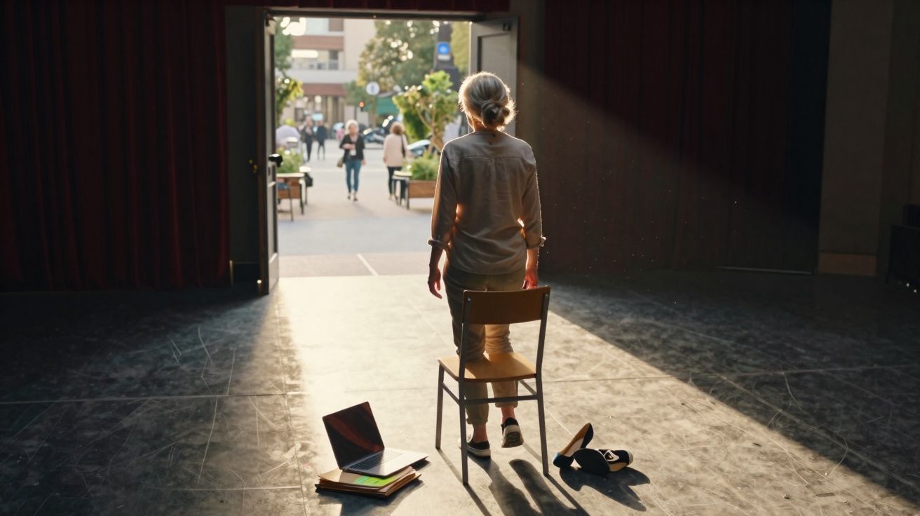 Pessoa de pé atrás de uma cadeira num palco, com luz natural a entrar pela porta aberta para o exterior.