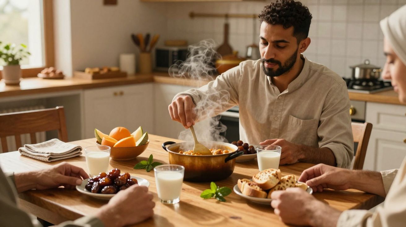 Homem a servir comida quente numa mesa com pães, frutas, tâmaras e copos de leite.