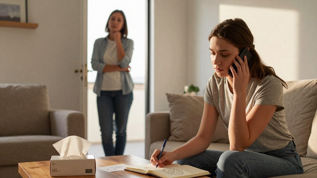 Jovem sentada no sofá a falar ao telefone e escrever, com outra mulher ao fundo observando preocupada.
