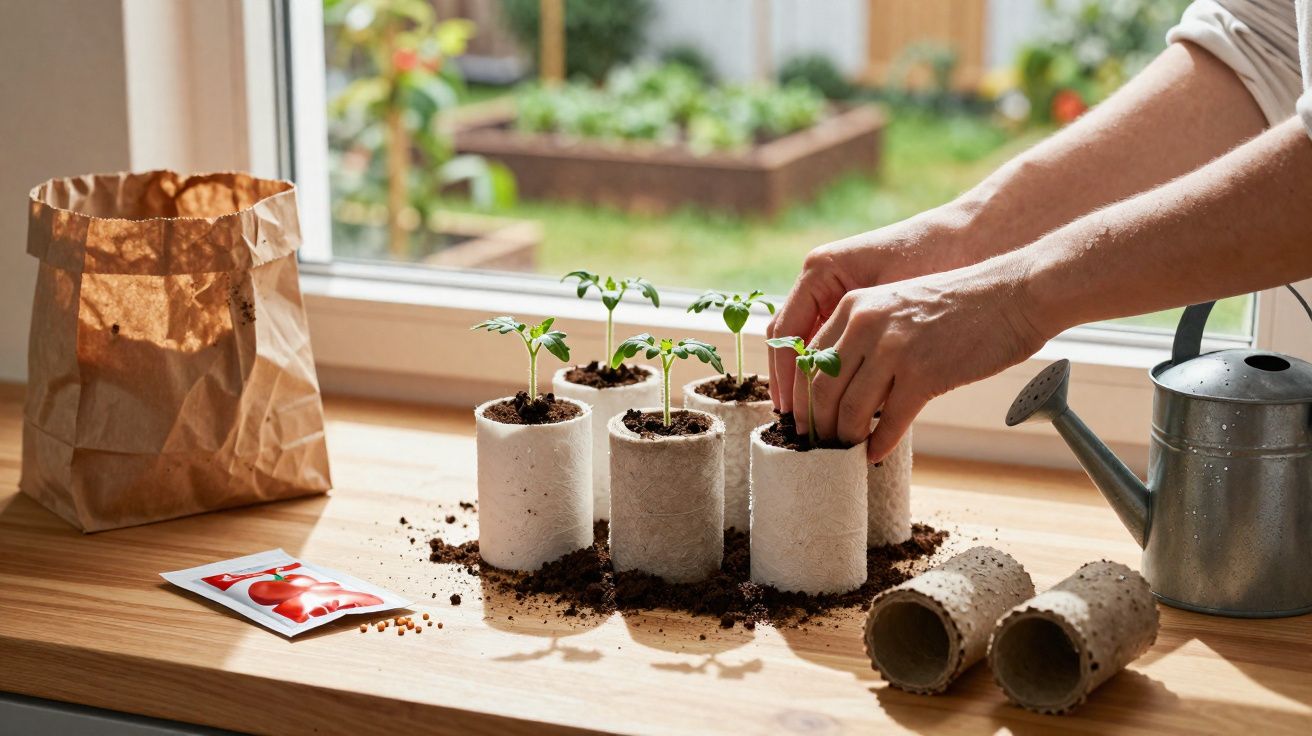 Mãos a transplantar plantas jovens em tubos biodegradáveis, com saco de terra e regador na mesa junto à janela.