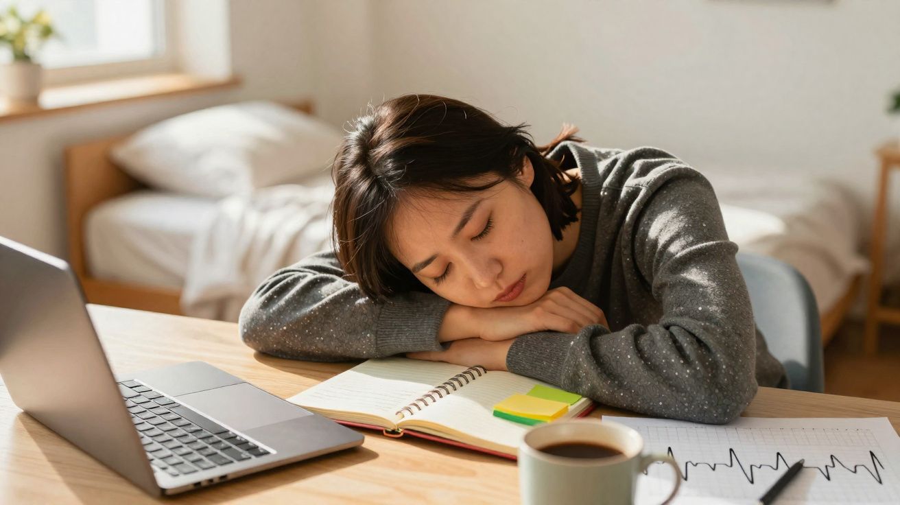 Mulher adormecida sobre livro com computador portátil e chá numa mesa iluminada por luz natural.