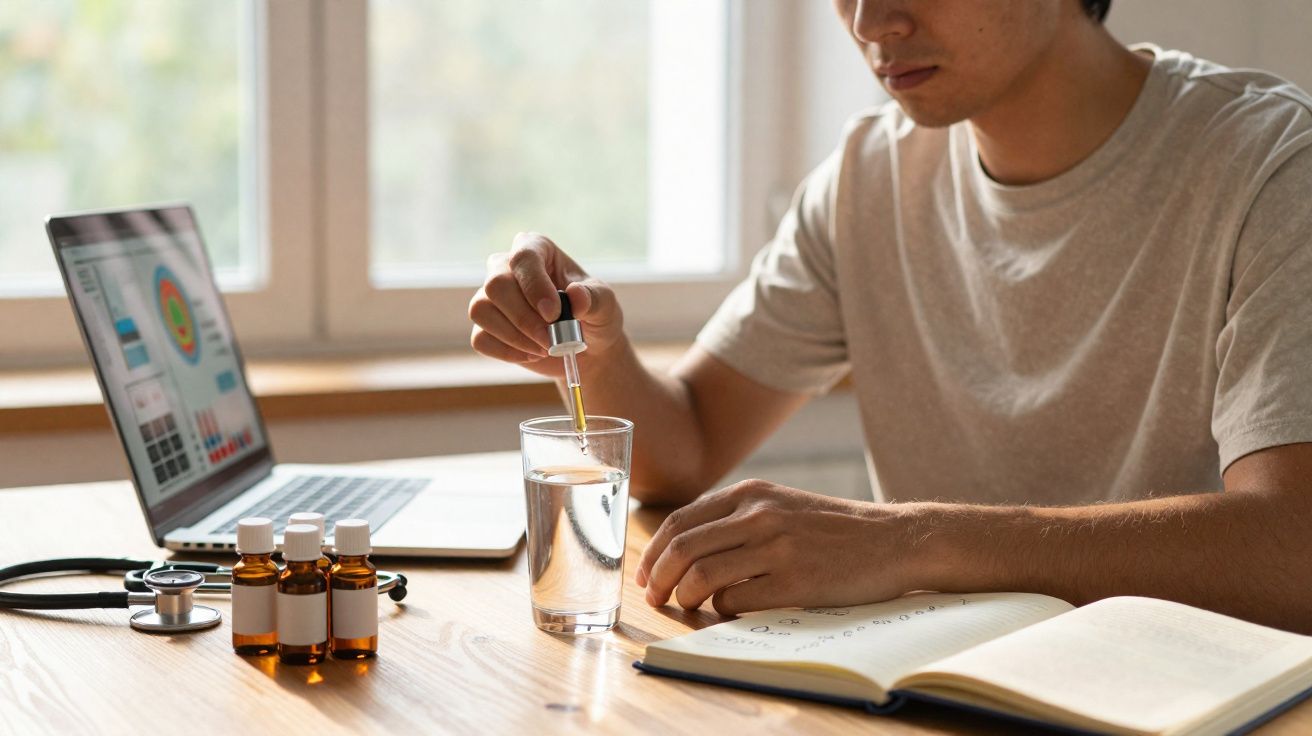 Pessoa a adicionar gotas medicinais num copo de água, com computador, cadernos e frascos sobre mesa.