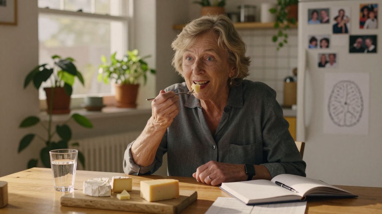 Idosa a comer queijo numa cozinha luminosa, com livro aberto e copo de água na mesa.