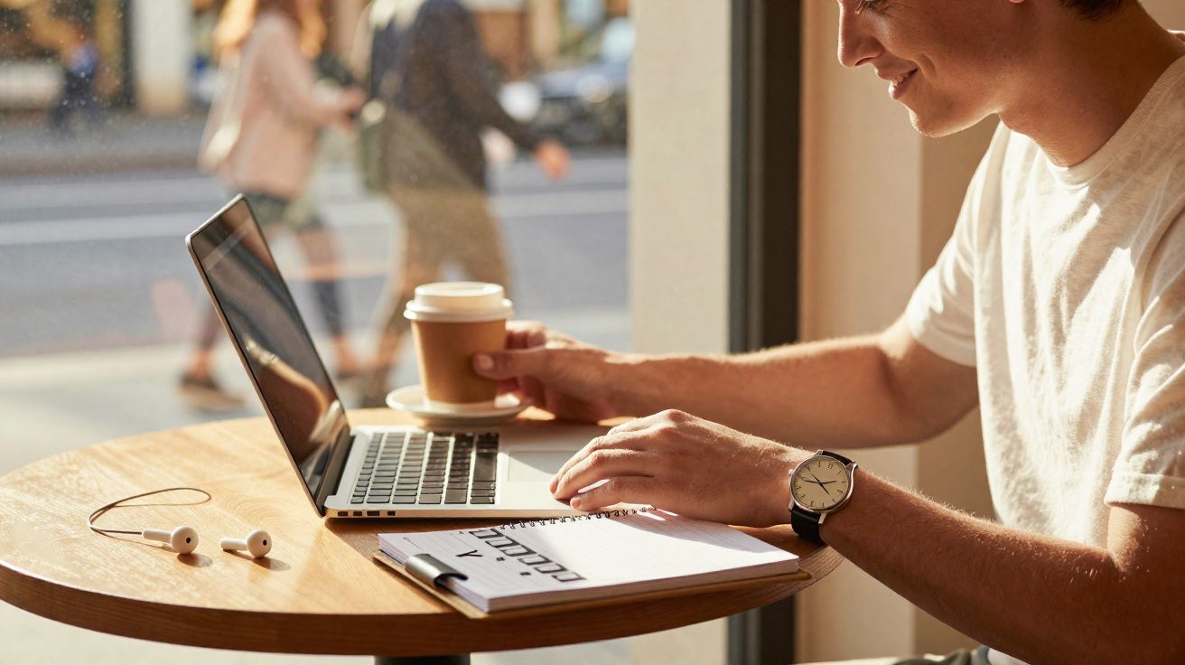 Homem a sorrir enquanto trabalha no portátil com café e auriculares numa mesa redonda junto à janela.
