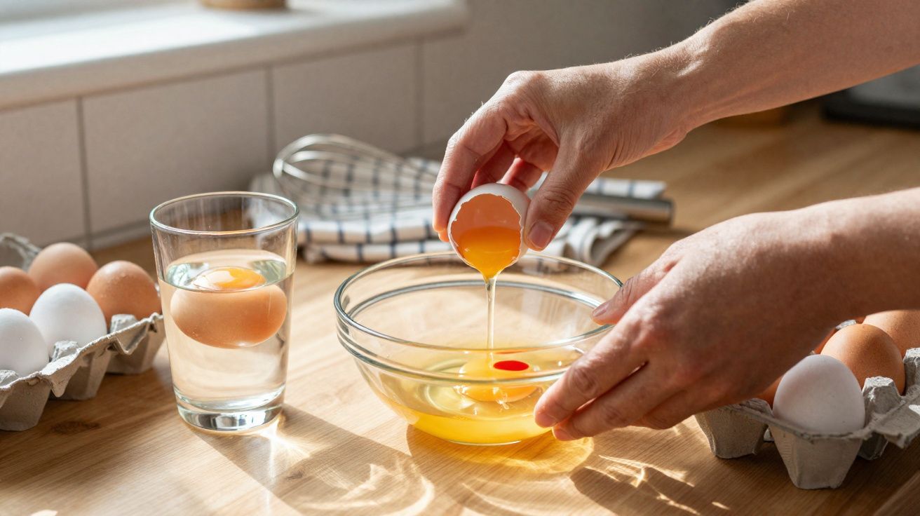 Mãos a partir ovos para uma tigela de vidro numa cozinha iluminada, com ovos e copo na bancada.