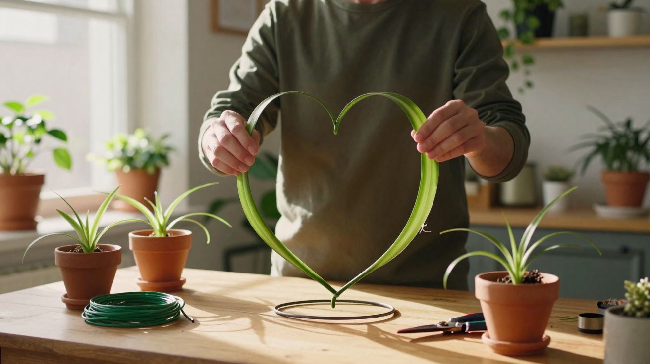 Pessoa a moldar folha verde em forma de coração junto a vasos de plantas num ambiente iluminado.