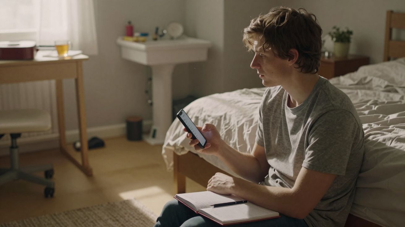 Homem sentado no quarto a olhar para o telemóvel, com um caderno e caneta no colo.