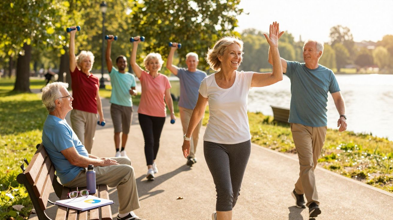 Grupo de seniores a fazer exercício e caminhar num parque junto a um rio numa manhã ensolarada.