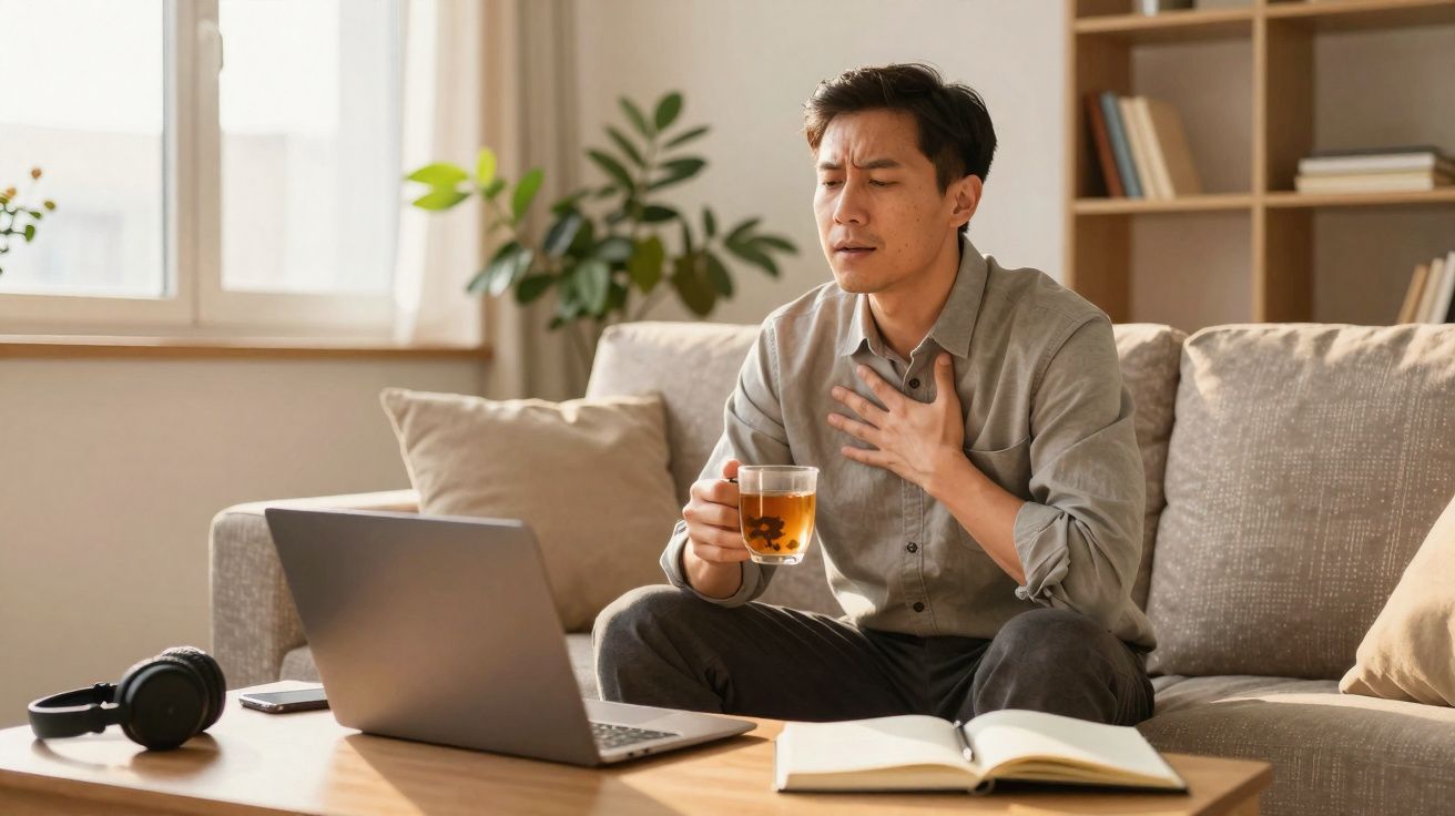 Homem sentado no sofá com chá na mão e expressão de desconforto no peito, à frente de um computador portátil.